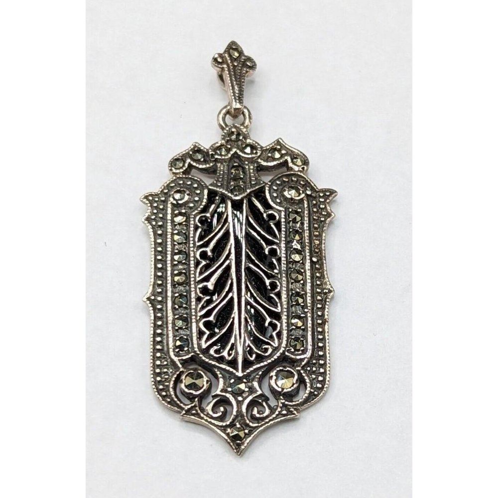 Sterling Silver Marcasite Onyx Openwork Detailed Signed pd Pendant For Necklace